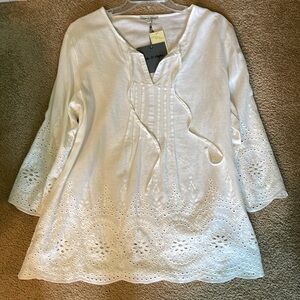 Rose & Rhyme eyelet trimmed top, Large cotton/linen 3/4 sleeve,  NWT